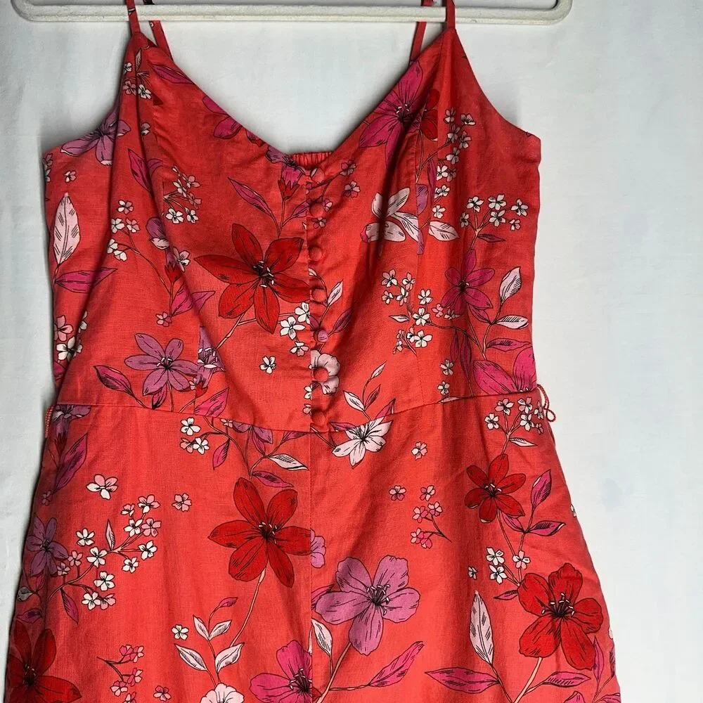 Banana Republic Linen Cotton Blend Coral Floral Jumpsuit Spaghetti Strap Size 10